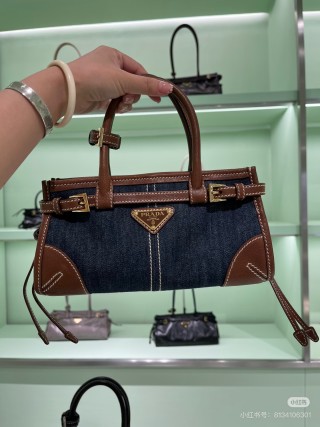 Prada Denim Top Handle Tote Bag Black view 3