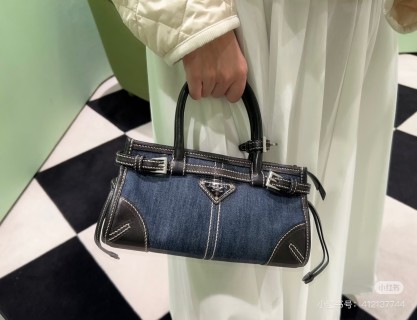 Prada Denim Top Handle Tote Bag Black view 4