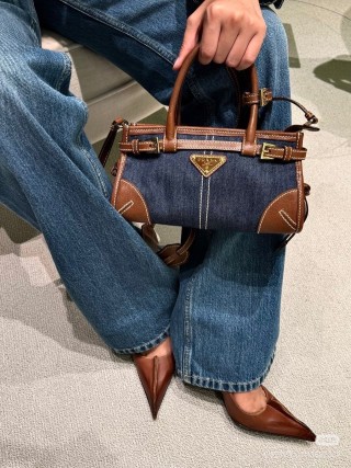 Prada Denim Top Handle Tote Bag Black view 6