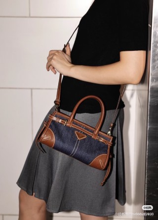 Prada Denim Top Handle Tote Bag Black view 7