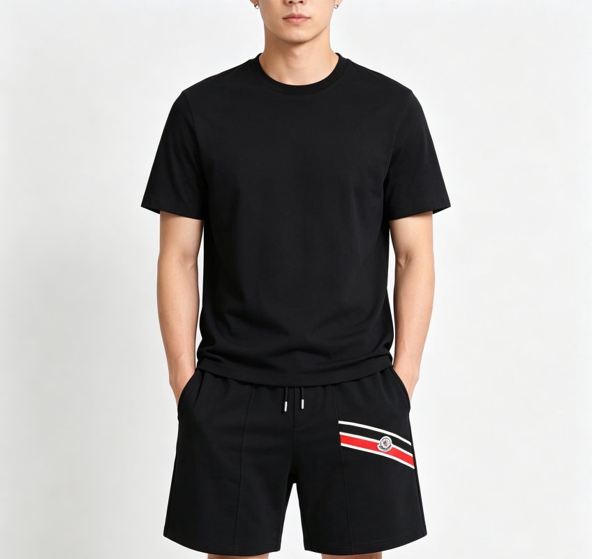 Moncler Black Shorts with Stripe Logo view