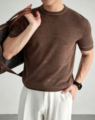 Brown Textured Knit Short-Sleeve Crew Neck T-Shirt