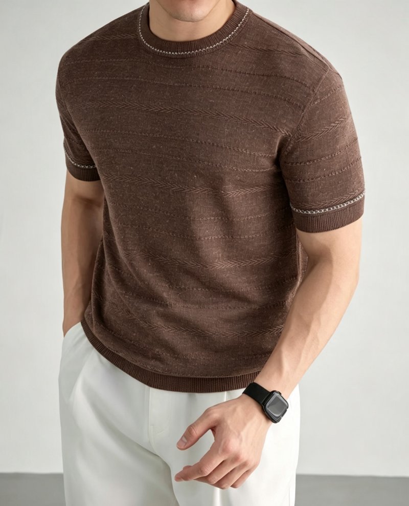 Brown Textured Knit Short-Sleeve Crew Neck T-Shirt view