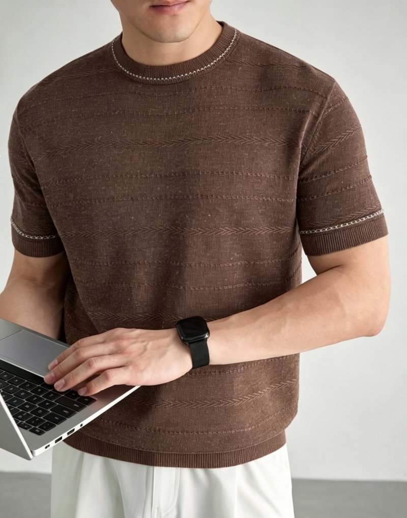 Brown Textured Knit Short-Sleeve Crew Neck T-Shirt view