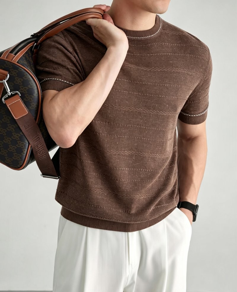Brown Textured Knit Short-Sleeve Crew Neck T-Shirt view