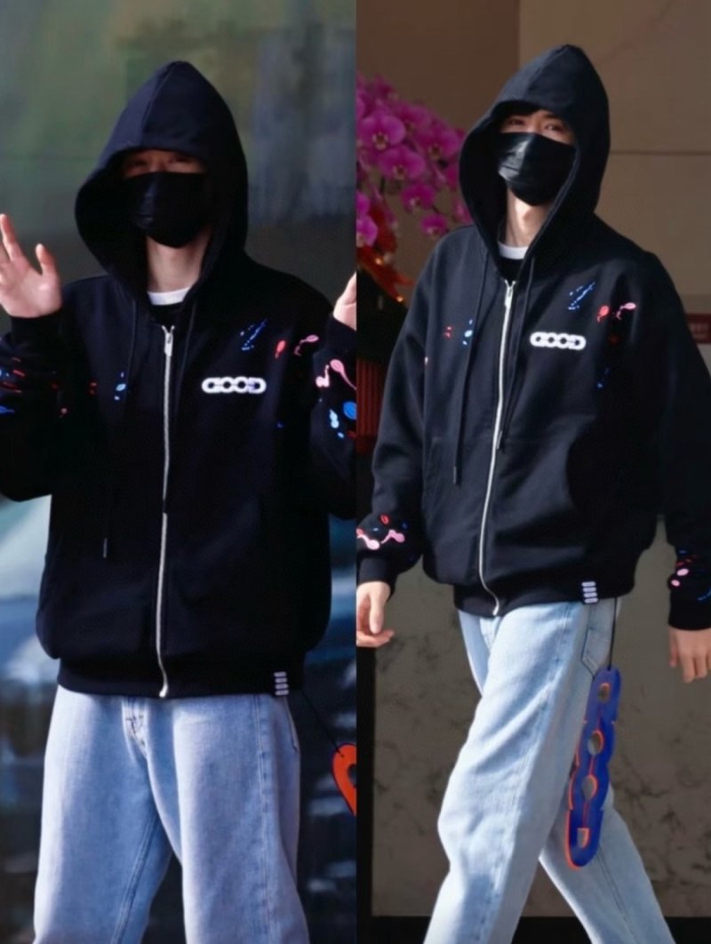 Black Embroidered Zip Hoodie with Colorful Accent Patches view