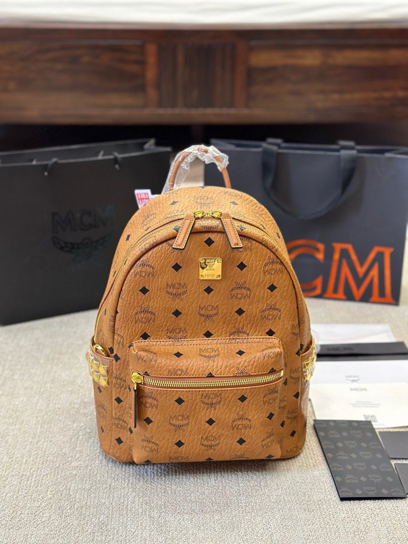 MCM Cognac Visetos Mini Backpack with Gold Hardware