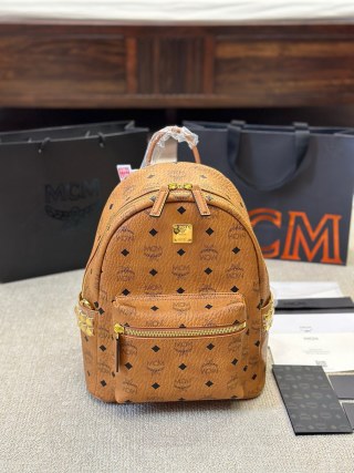 MCM Cognac Visetos Mini Backpack with Gold Hardware