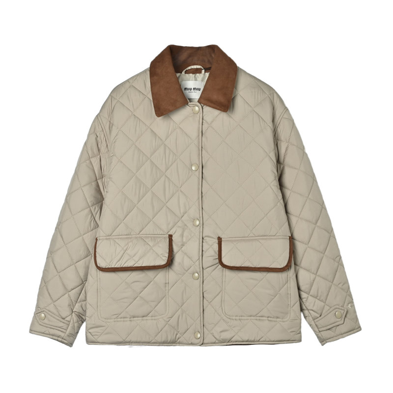 Cream Quilted Puffer Jacket with Contrast Trim view