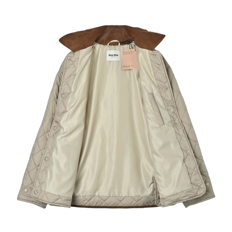 Cream Quilted Puffer Jacket with Contrast Trim view