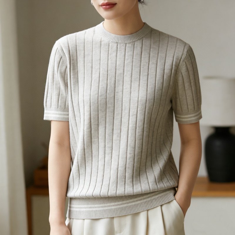 Cream Ribbed Knit Short Sleeve T-Shirt