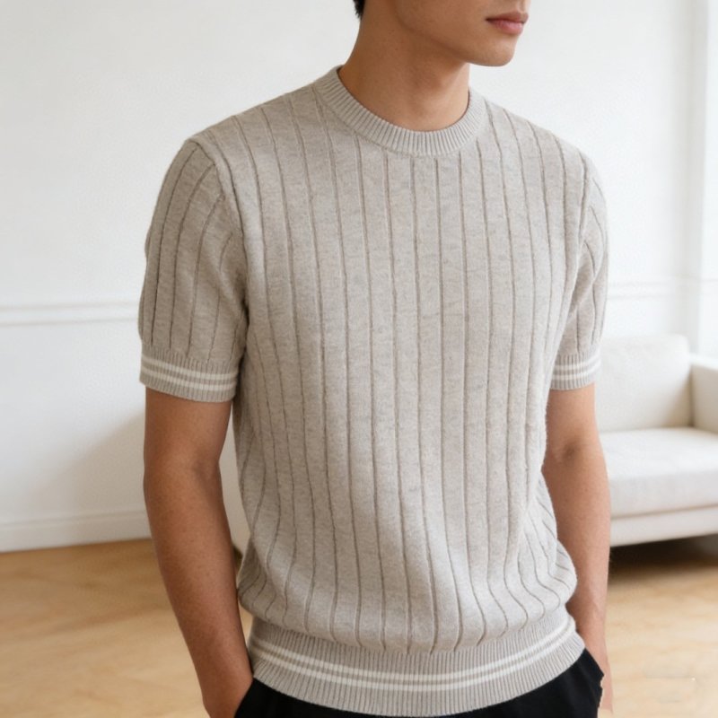 Cream Ribbed Knit Short Sleeve T-Shirt view
