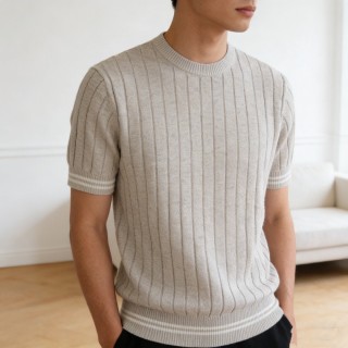 Cream Ribbed Knit Short Sleeve T-Shirt view 2