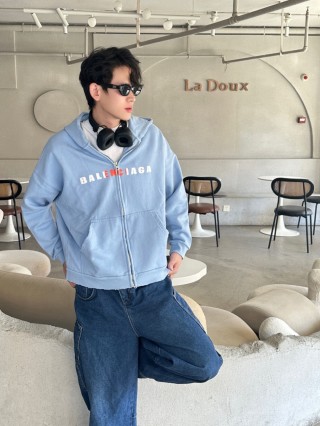 Balenciaga Light Blue Logo Zip-Up Jacket view 6