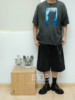 Vintage Graphic Black T-Shirt with Blue Print view 3