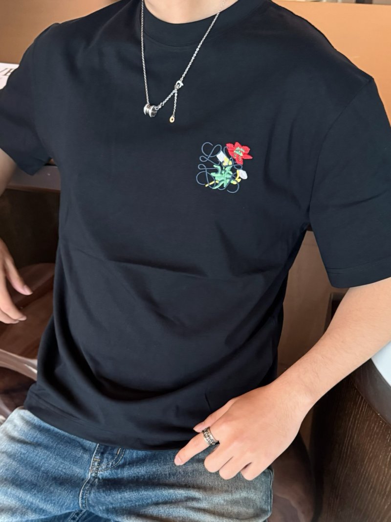 Black T-Shirt with Floral Embroidery Detail