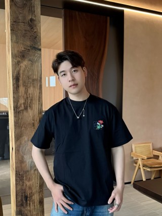 Black T-Shirt with Floral Embroidery Detail view 2