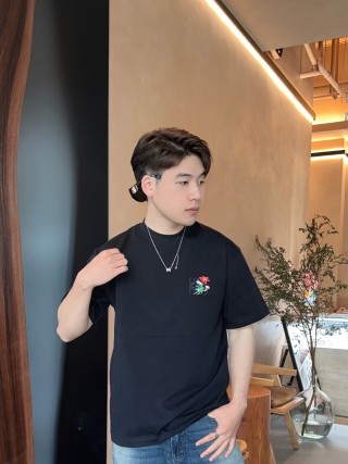 Black T-Shirt with Floral Embroidery Detail view 3
