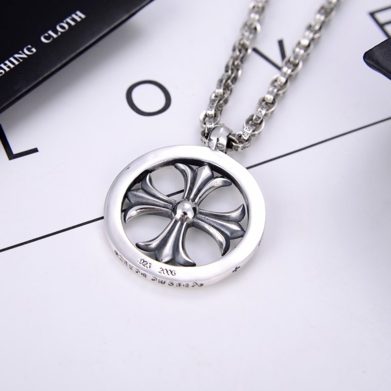 Chrome Hearts Cross Circle Pendant Silver Necklace 60cm