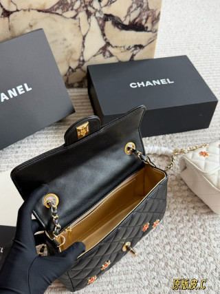 Chanel Classic Floral Quilted Shoulder Bag Black Orange view 8