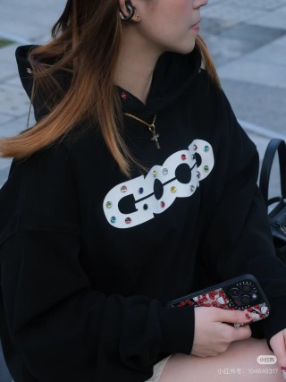 Black Graphic Hoodie with Chain Print view 2