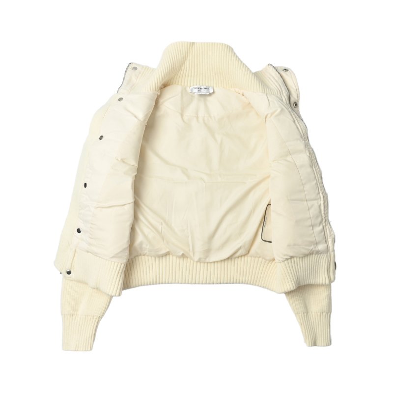 Cream Puffer Down Jacket with Stripe Sleeves view