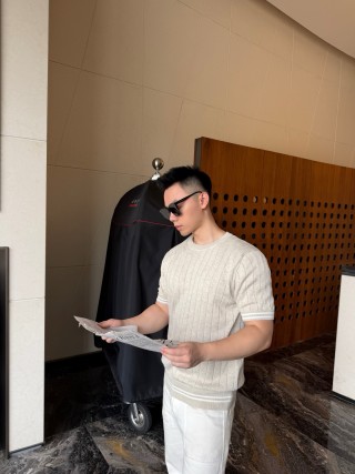 Cream Pinstripe Short Sleeve T-Shirt with Ribbed Trim view 2