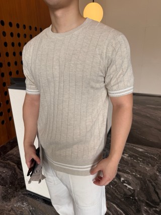 Cream Pinstripe Short Sleeve T-Shirt with Ribbed Trim view 6