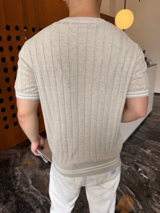 Cream Pinstripe Short Sleeve T-Shirt with Ribbed Trim view 7