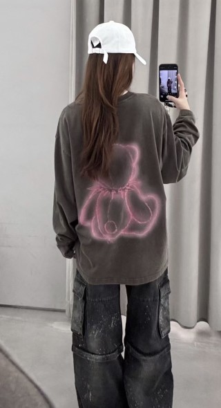 Black Teddy Bear Graphic Long Sleeve T-Shirt view 5