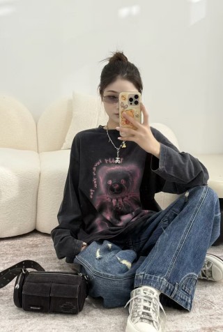 Black Teddy Bear Graphic Long Sleeve T-Shirt view 7