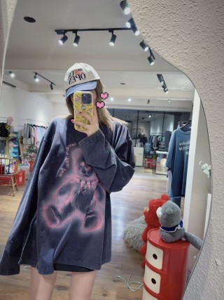 Black Teddy Bear Graphic Long Sleeve T-Shirt view 9