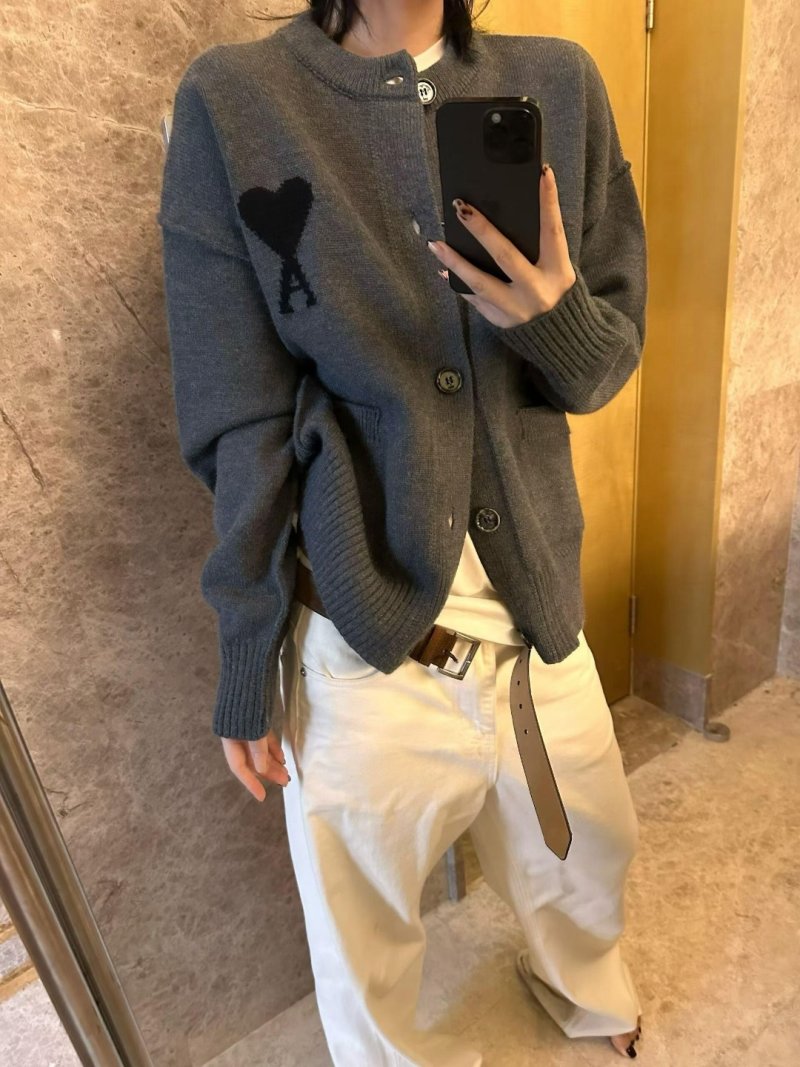 Grey Heart Knit Cardigan – Charcoal Button-Up Sweater