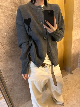 Grey Heart Knit Cardigan – Charcoal Button-Up Sweater