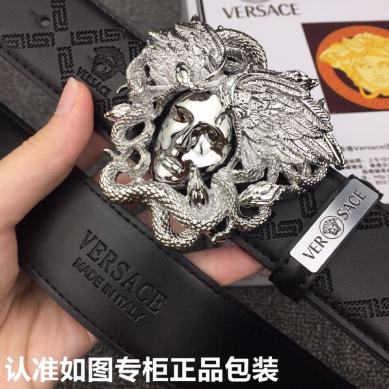 Versace Medusa Head Silver Buckle Black Leather Belt
