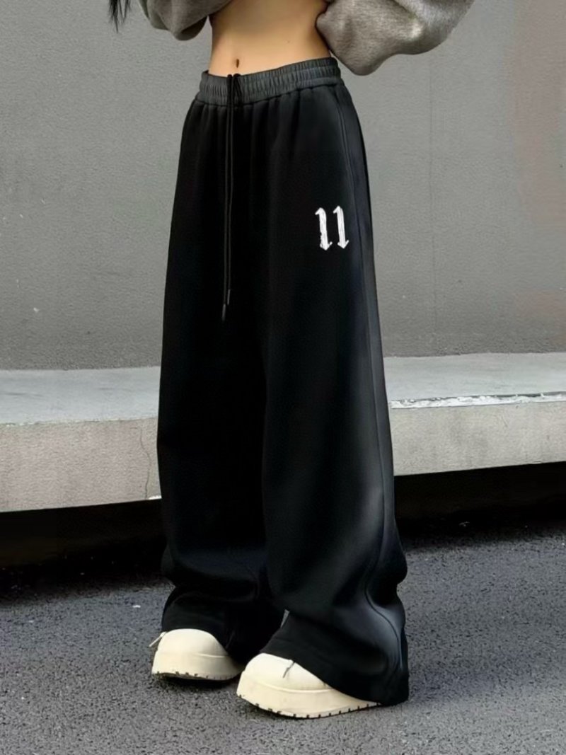 Essentials Fear of God Inspired Black Baggy Pants with '11' Embroidery