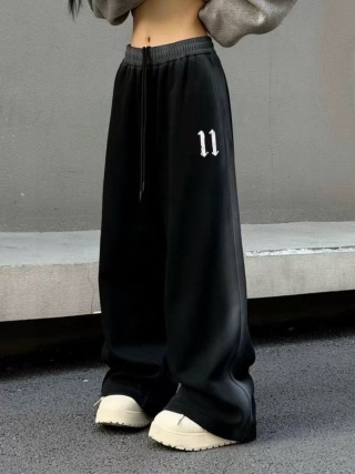 Essentials Fear of God Inspired Black Baggy Pants with '11' Embroidery