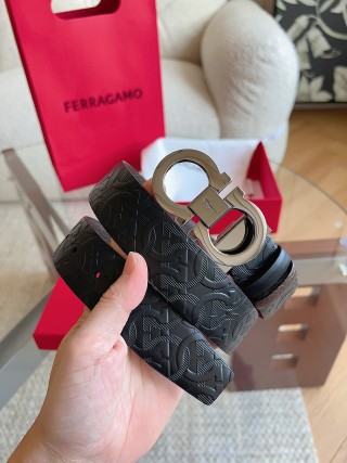 Ferragamo Black Leather Business Belt with Gancini Buckle