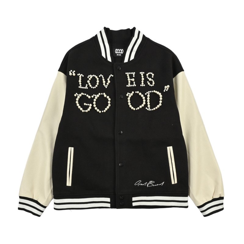 Black & Cream Varsity Bomber Jacket with Rhinestone Lettering view