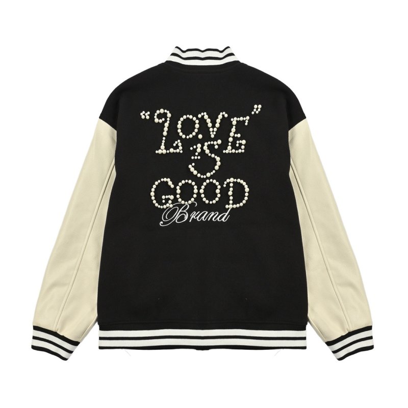 Black & Cream Varsity Bomber Jacket with Rhinestone Lettering view