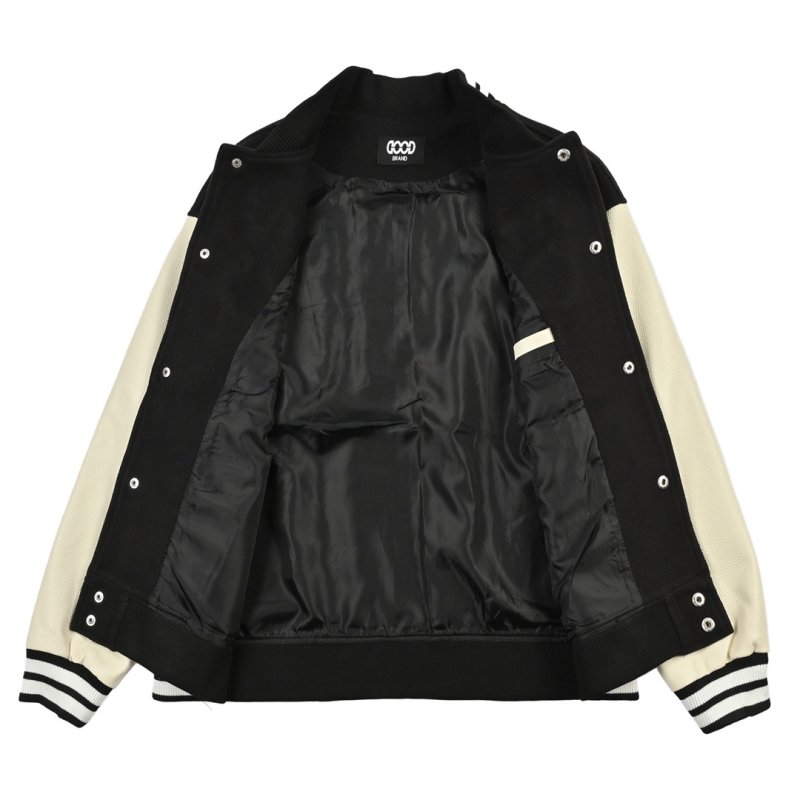 Black & Cream Varsity Bomber Jacket with Rhinestone Lettering view