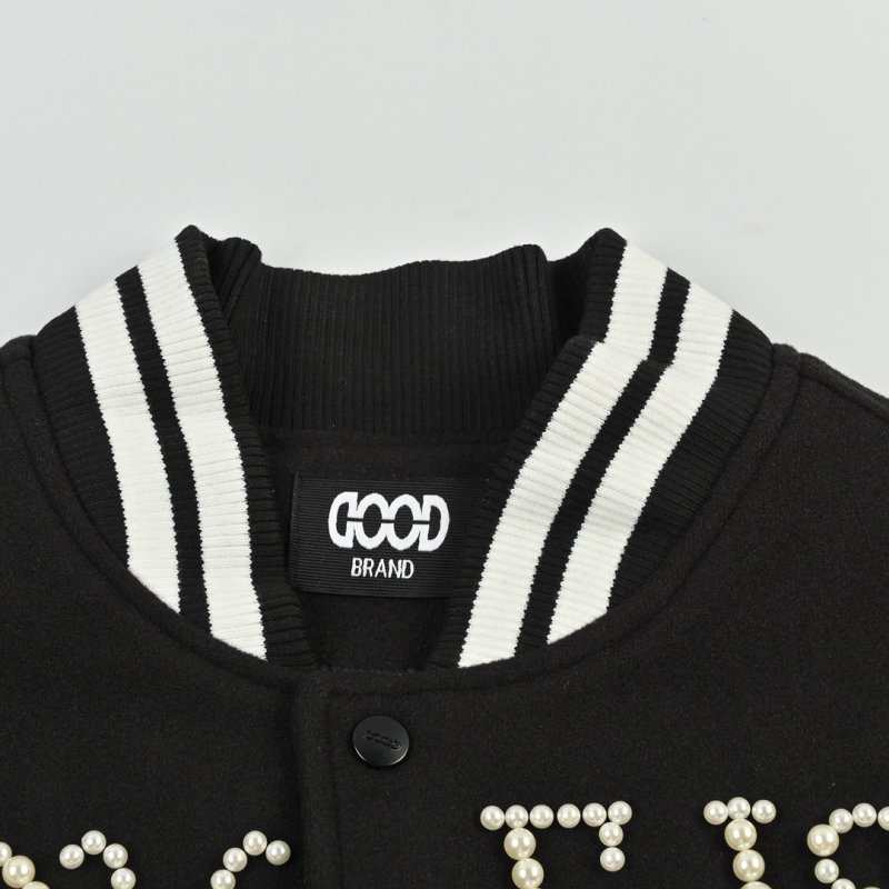 Black & Cream Varsity Bomber Jacket with Rhinestone Lettering view