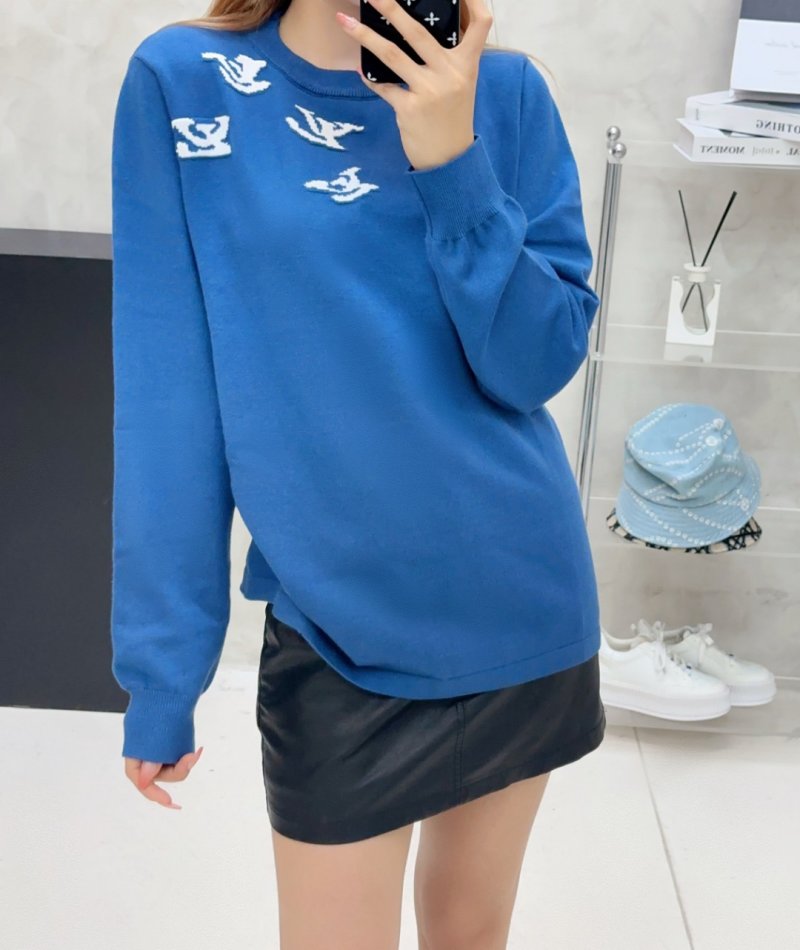 Blue Graphic Crewneck Sweater with Abstract Embroidery