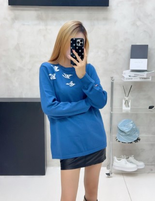 Blue Graphic Crewneck Sweater with Abstract Embroidery view 2