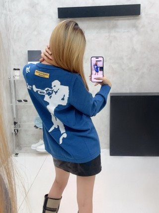Blue Graphic Crewneck Sweater with Abstract Embroidery view 3