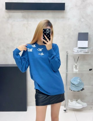 Blue Graphic Crewneck Sweater with Abstract Embroidery view 4