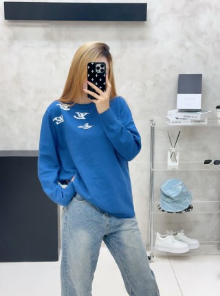 Blue Graphic Crewneck Sweater with Abstract Embroidery view 6