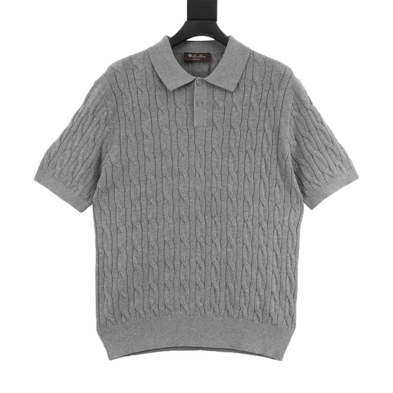 Grey Cable Knit Short-Sleeve Polo Shirt view