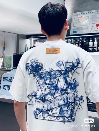 White Graphic Print Short Sleeve T-Shirt with Blue Sketch Design view 2