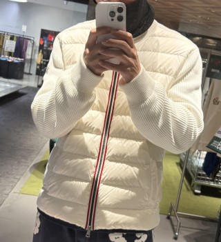 Cream Quilted Down Jacket with Ribbed Sleeves
